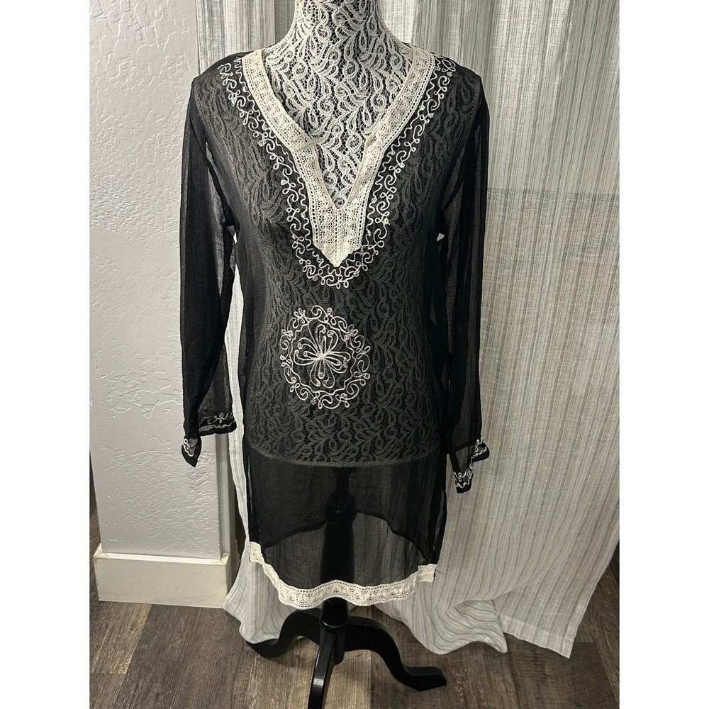 Sheer Boho Embroidered Lace Beach Tunic Cover Up Womens Medium Black Festival